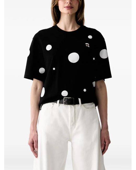 Karl Lagerfeld Black Polka-Dot Logo-Patch T-Shirt