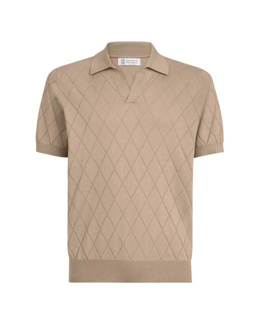 Brunello Cucinelli Natural Cotton Textured Argyle Lightweight Knit Polo Shirt for men