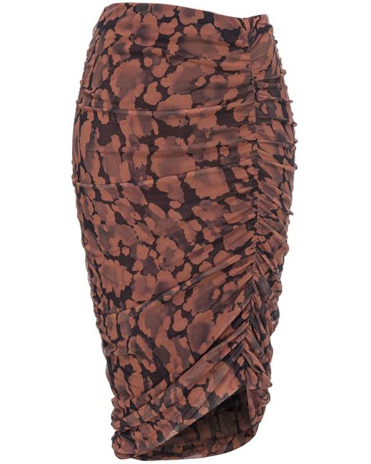 Pinko Brown Abstract-print Ruched Skirt