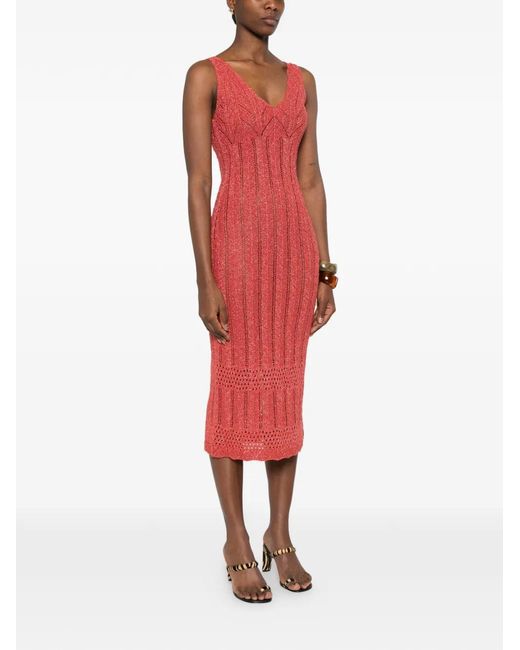 Twinset Red Long Fitted Knit Dress With Lurex