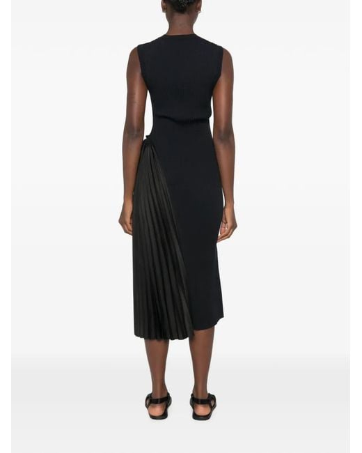 Emporio Armani Black Pleated-Panel Ribbed-Knit Midi Dress