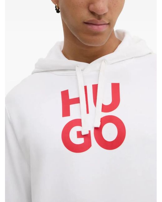 HUGO White Logo-Print Hoodie for men