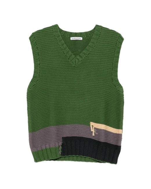 YMC Green V-Neck Colour-Block Vest for men