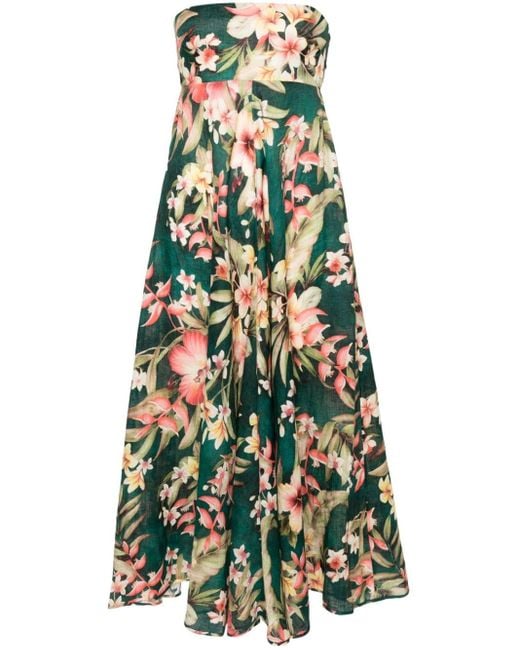 Zimmermann Green Lexi Kleid aus Leinen mit Blumen-Print