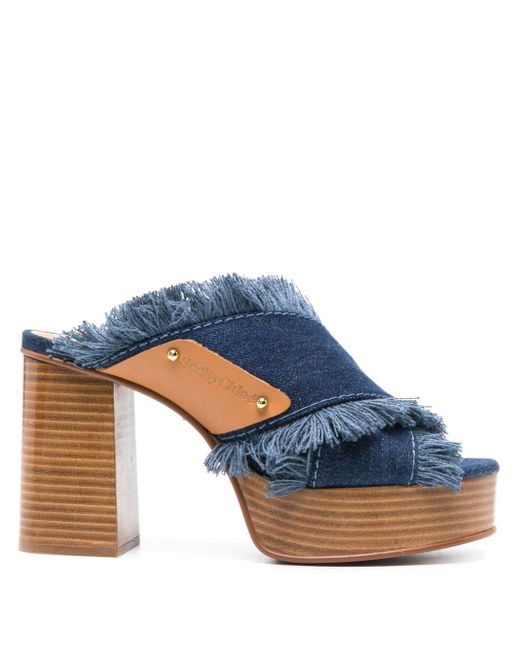 See By Chloé Blue 100mm Frayed-detailing Denim Mules
