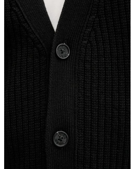 HUGO Black Ribbed Button Cardigan for men