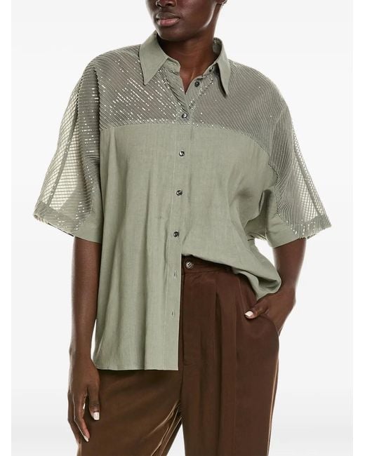 Brunello Cucinelli Gray Sequin-Embellished Sheer-Panel Shirt