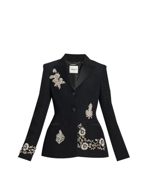 Erdem Black Blazer Brodé À Col À Revers Pointus Et Texture Grain De Poudre