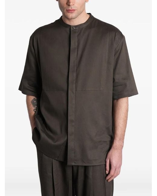 Roberto Collina Gray Band-Collar Short-Sleeve Linen Shirt for men
