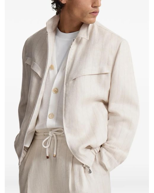 Brunello Cucinelli White Linen Chalk Stripe Chevron Outerwear Jacket for men