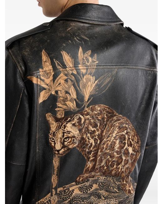 Etro Black Leather Biker Jacket With Placed Leopard Print for men