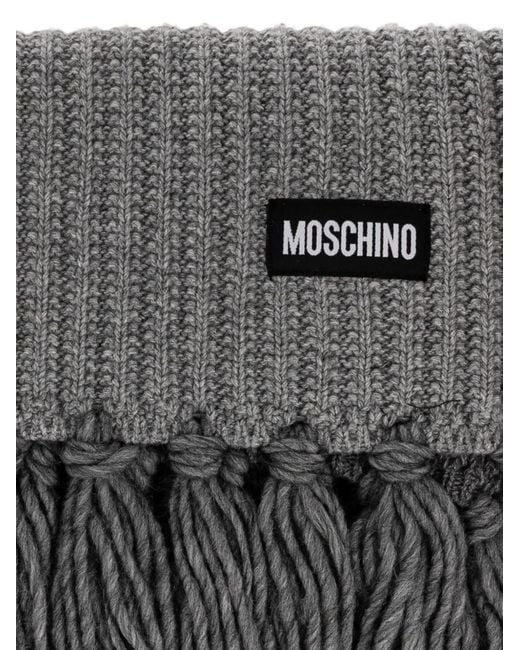 Moschino Gray Ribbed-Knit Fringed Scarf