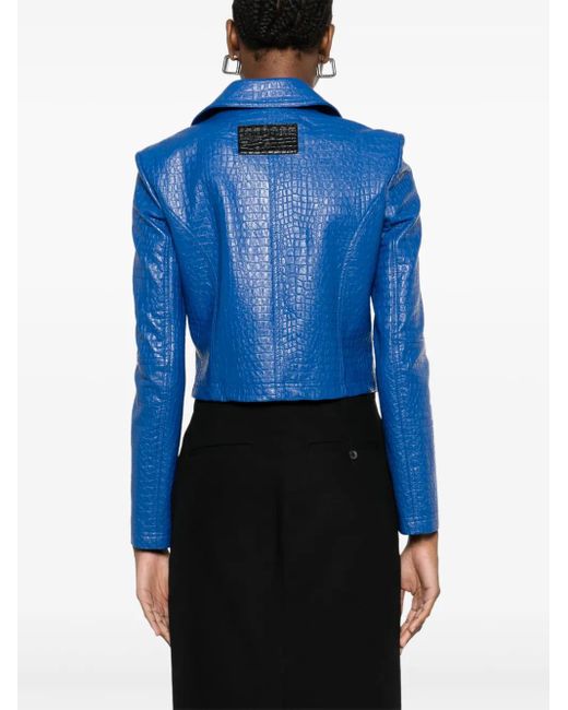 Patrizia Pepe Blue Crocodile-Embossed Biker Jacket