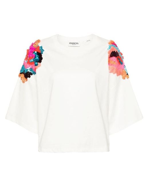 Essentiel Antwerp White Sequinned Organic Cotton T-shirt