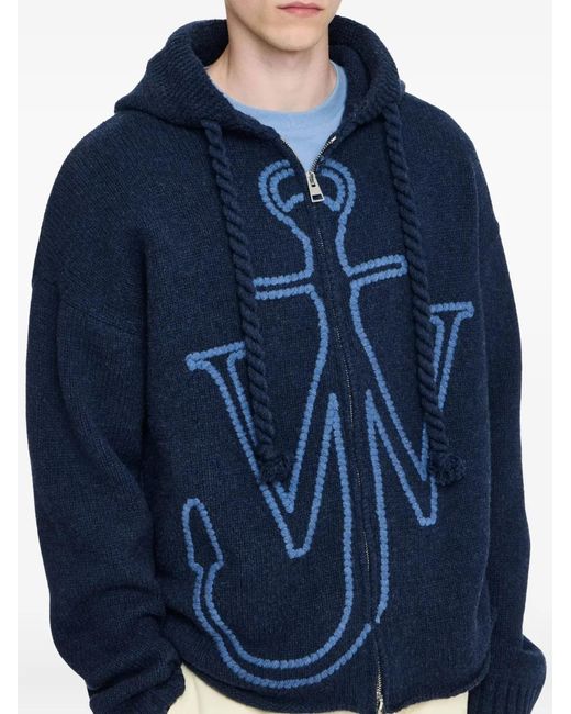 J.W. Anderson Blue Zip-Up Hooded Sweater With Contrasting Logo for men