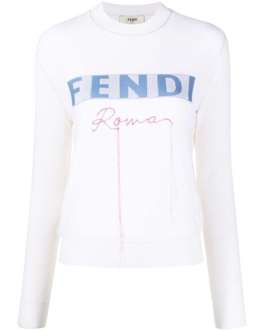 Fendi White Gerippter Pullover mit Logo-Patch