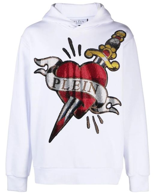 Sudadera con apliques de strass y motivo de corazón y daga Philipp Plein de hombre de color White