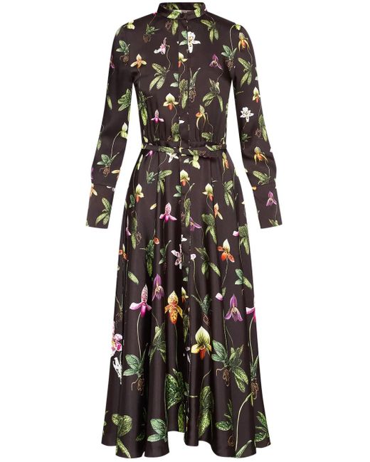Oscar de la Renta Black Orchid Silk Twill Midi Dress