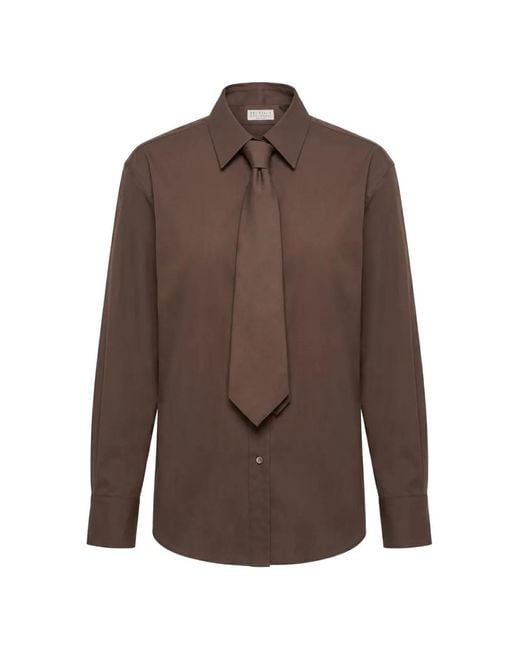 Brunello Cucinelli Brown Tie-Detail Cotton Shirt