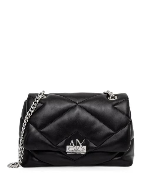 ARMANI EXCHANGE Black Quilted Logo-Plaque Shoulder Bag