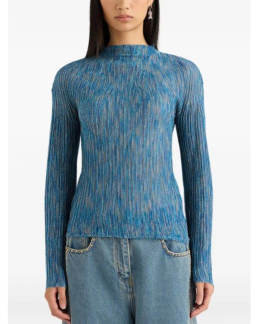 Momoní Blue Miraflores Ribbed Flared-Sleeves Top