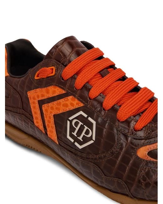 Philipp Plein Brown Pit-$Top Croc-Print Logo Low-Top Sneakers