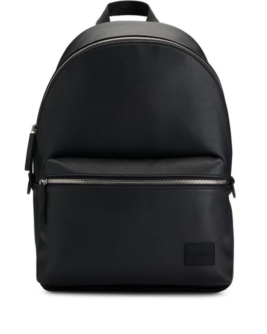 HUGO Black Logo-patch Grained-texture Backpack for men