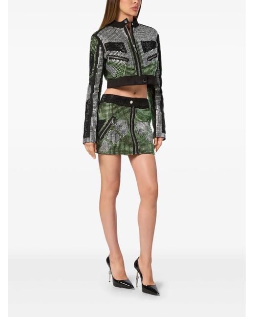Philipp Plein Green Cropped Leather Biker Jacket Strass