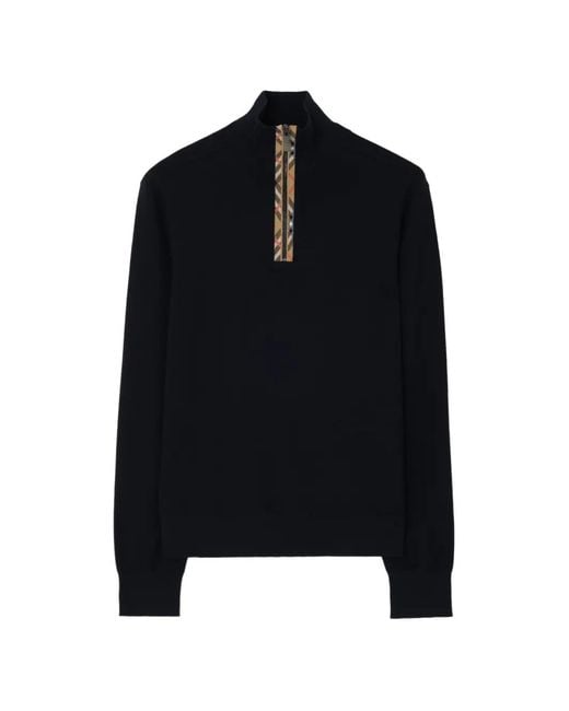 Burberry Black Check Trim Wool Half-Zip Sweater for men