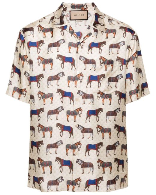 Gucci White Printed Silk Bowling Shirt for men