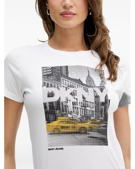 DKNY Blue Crystal-Embellished Graphic-Print T-Shirt