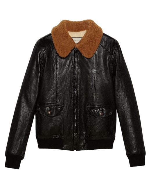 Gucci Black Shearling Collar Leather Jacket for men