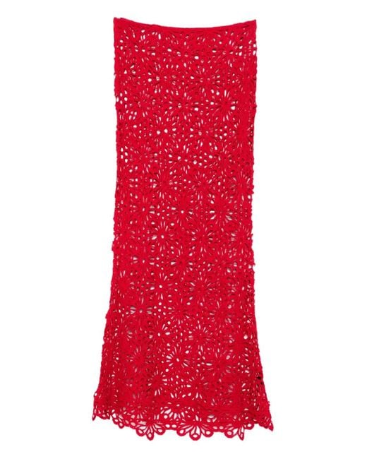 Norma Kamali Red Floral-Lace Skirt