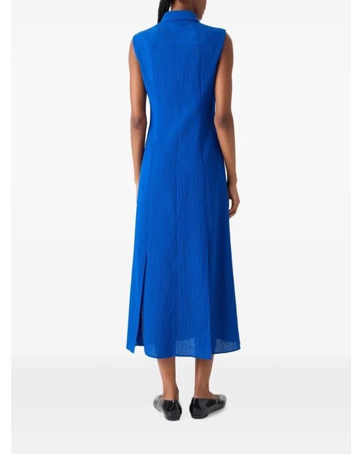 Akris Blue Crinkled Sleeveless Shirt Midi Dress