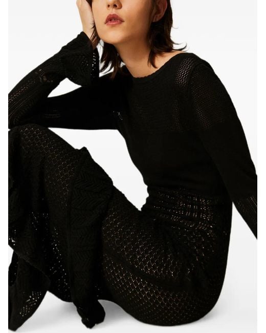 Twinset Black Long Wool Blend Knit Dress With Ruffles