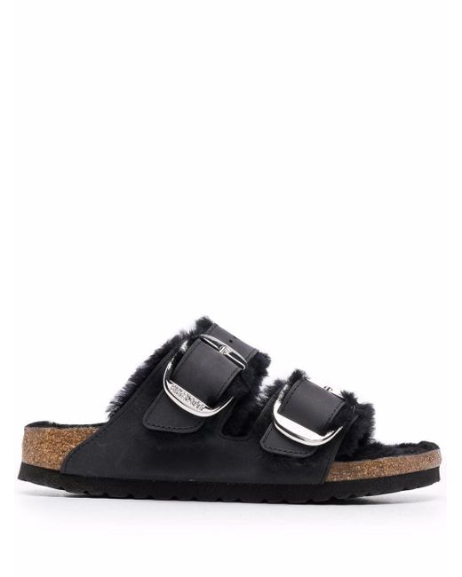 Birkenstock Leather Arizona Big Buckle Shearling Sandal in Black - Lyst