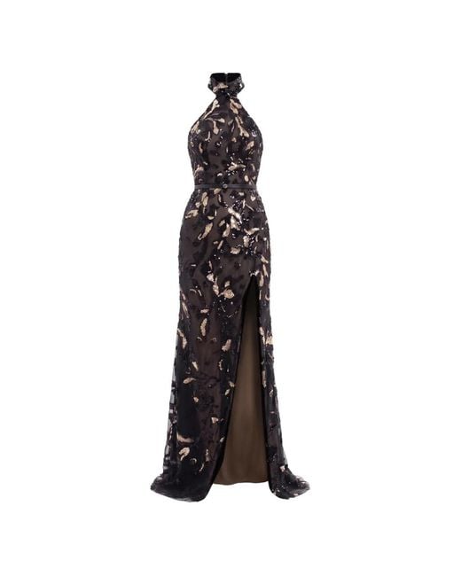 Saiid Kobeisy White Halter-Neck Embroidered Tulle Maxi Dress