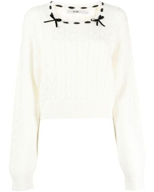 B+ AB White Bow-detail Cable-knit Jumper