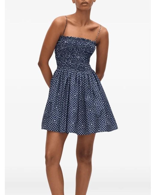 Matteau Blue Shirred Bodice Geometric-Print Mini Dress