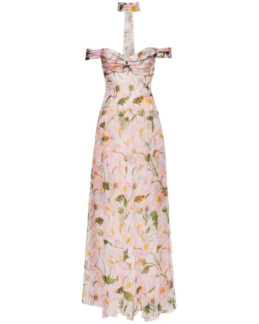 Oscar de la Renta Pink Painted Poppies-print Silk Gown