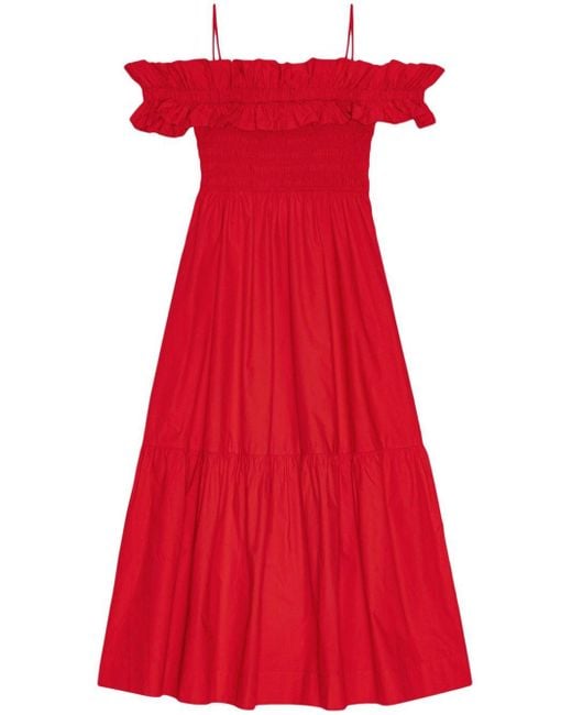 Ganni Popeline Midi-jurk Met Ruches in het Red