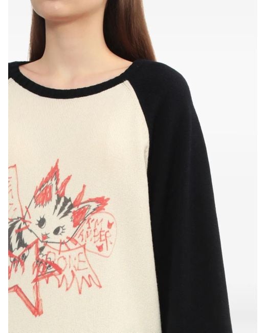 we11done Black Cat-Print Raglan-Sleeve Sweater