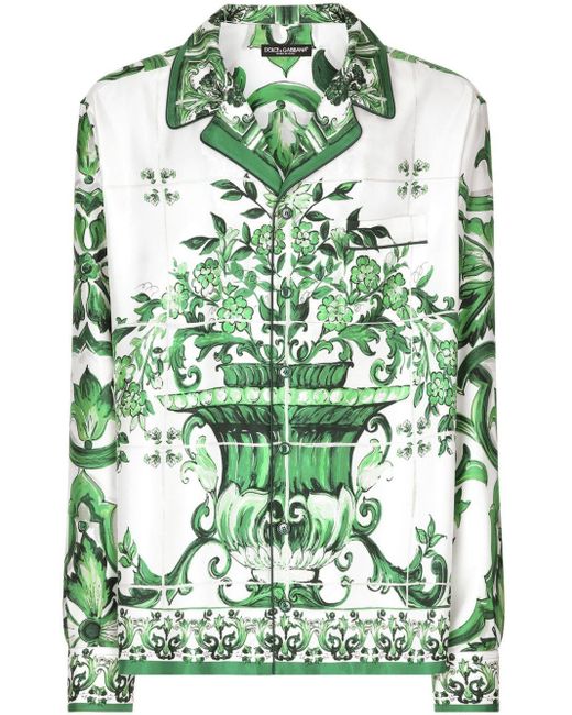 Dolce & Gabbana Seidenhemd mit Majolica-Print in Green für Herren