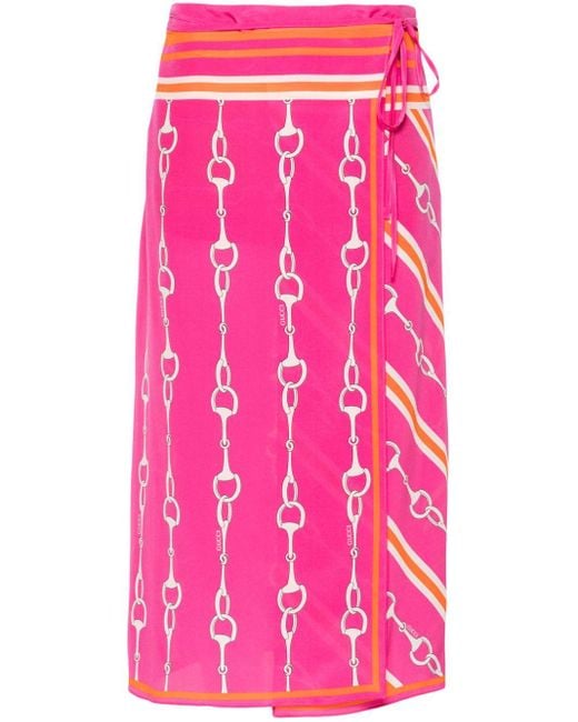 Gucci Pink Horesebit-Print Silk Wrap Skirt