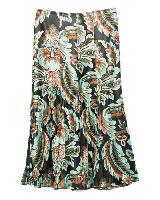 Etro Green Pleated Floral-Print Skirt