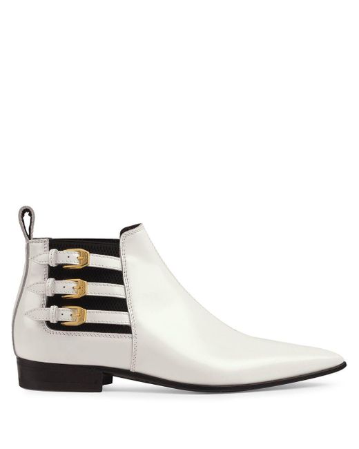 Gucci White Men's Quebec Point-toe Buckle-strap Ankle Boots