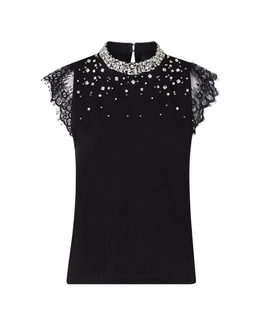Liu Jo Black T-Shirt With Lace And Rhinestones
