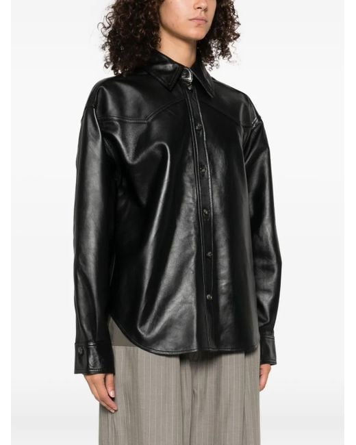 Haikure Black Leather Button-Up Shirt Jacket