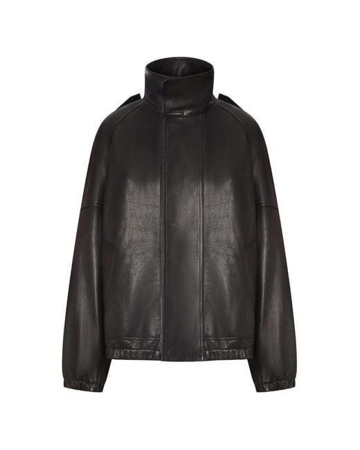 Saint Laurent Black High-Neck Oversized Leather Jacket