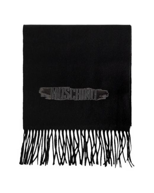 Moschino Black Fringed Logo-Patch Scarf